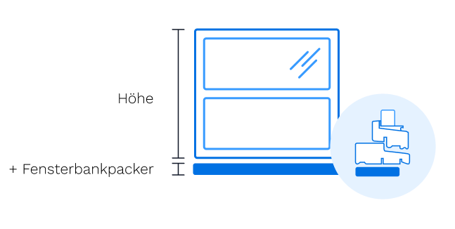 Illustration eines Fensters mit Fensterbankanschlussprofil. Die Gesamthöhe entspricht der Fensterrahmenhöhe plus 18mm des FBAs